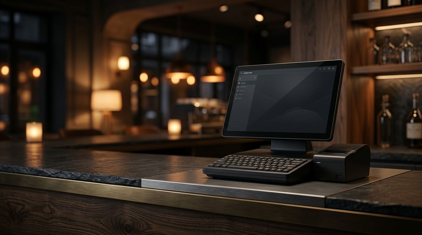 InfoOS Professional POS hardware workstation in evening restaurant ambiance