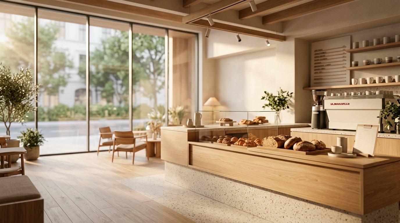 Modern cafe and artisan bakery storefront powered by InfoOS